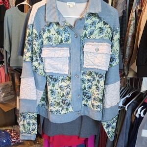 POL Blue and Cream Floral Utility Jacket